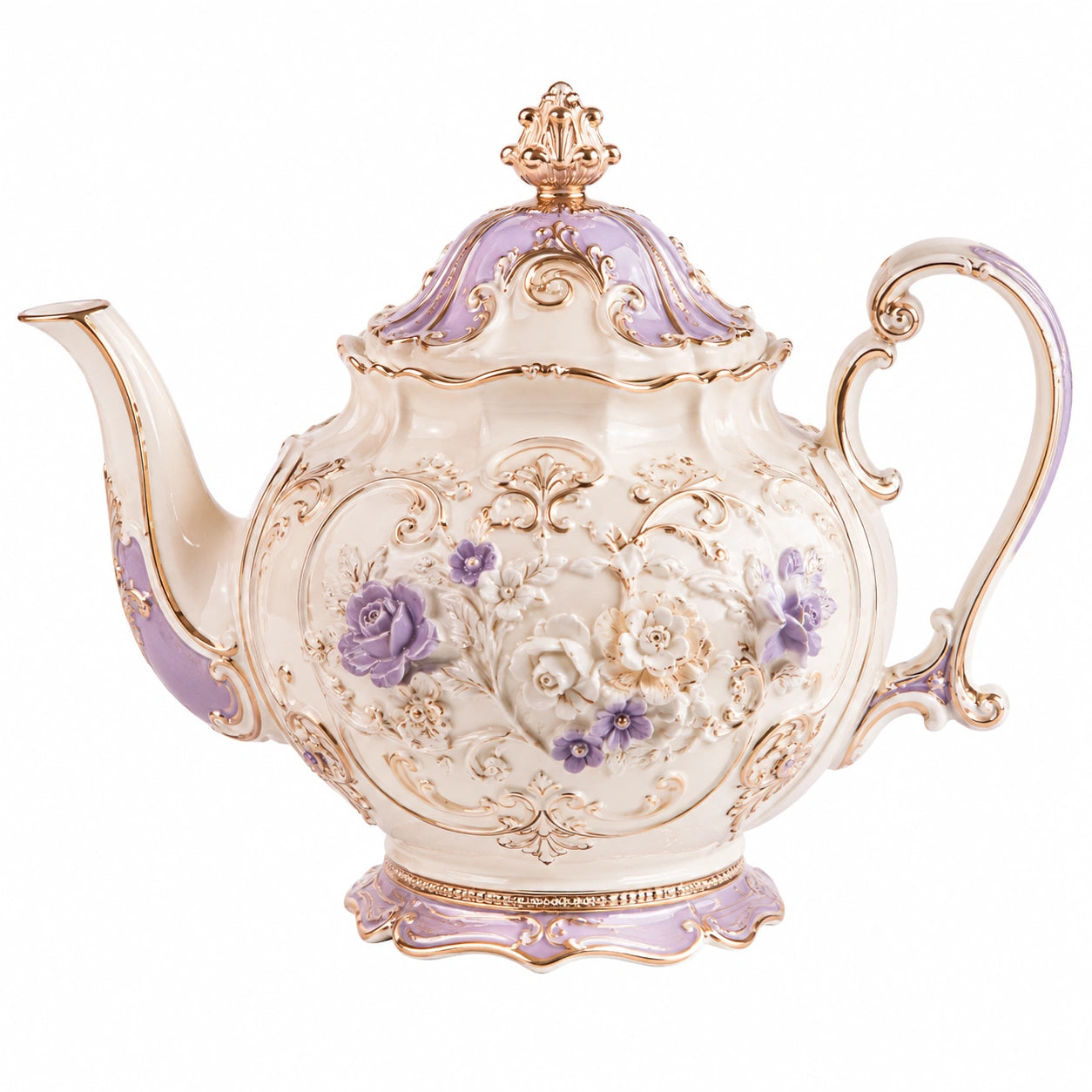Klassische Porzellanteekanne mit Blumenmuster 1L Creme/Lila