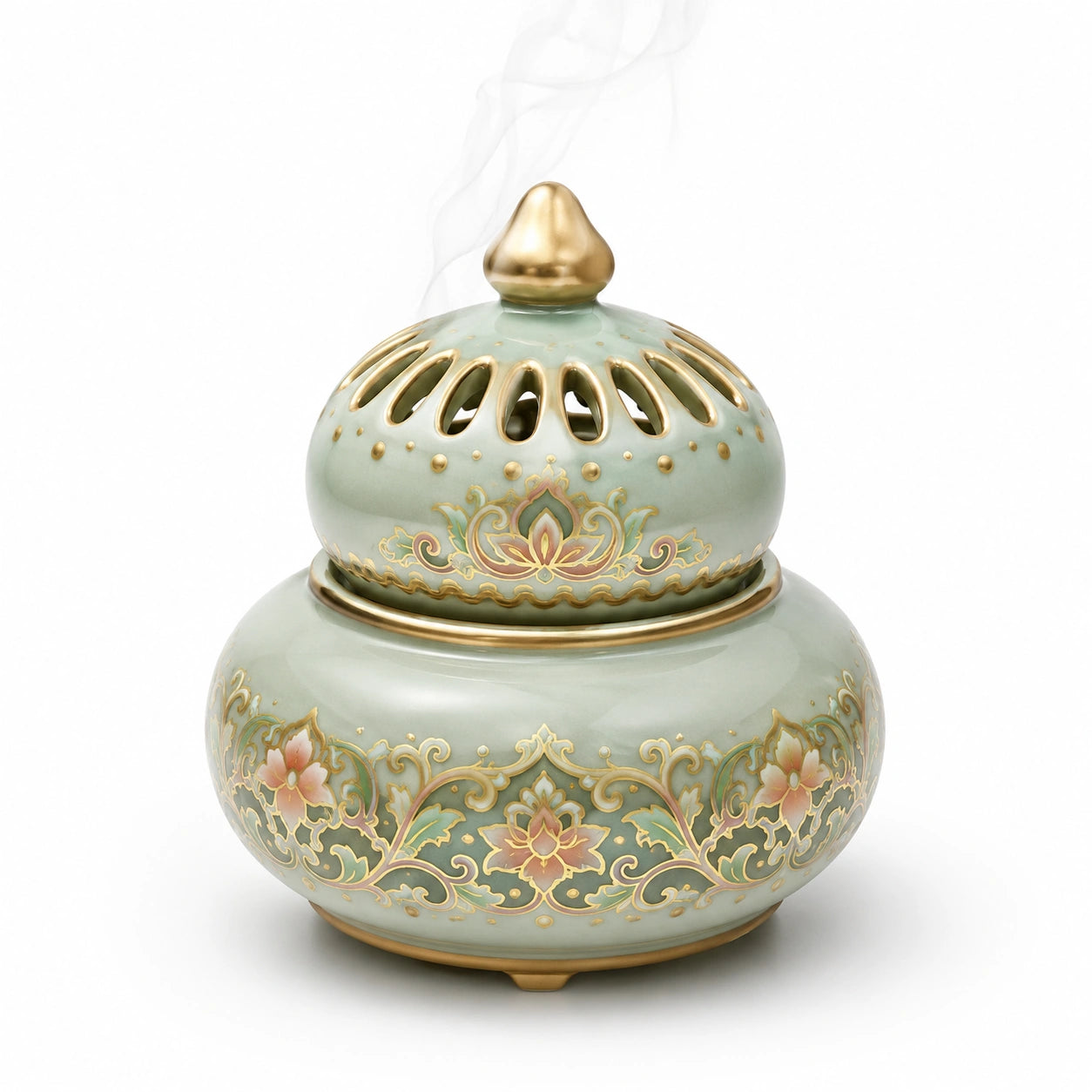 Grün-Goldenes Keramik-Räuchergefäß mit floralem Design