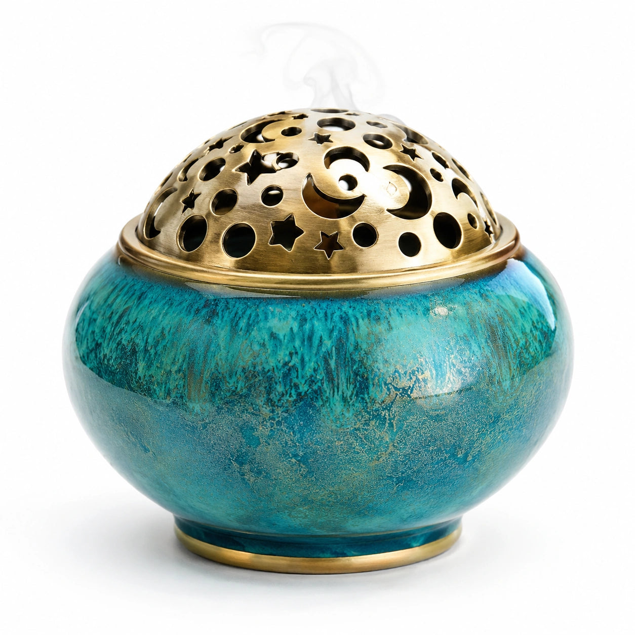 Keramik-Räuchergefäß Blau mit Messingdeckel und Mond-Stern-Muster