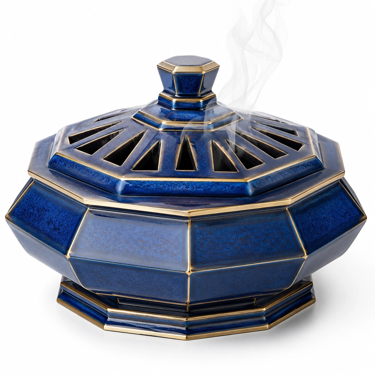 Achteckiges blau-goldenes Keramik-Räuchergefäß
