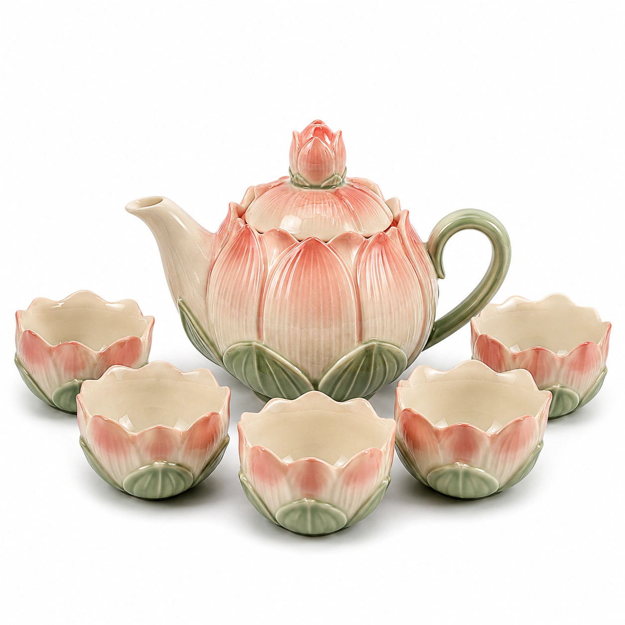 Lotus Teeservice Set aus Keramik im Lotusblumendesign, Rosa/Grün