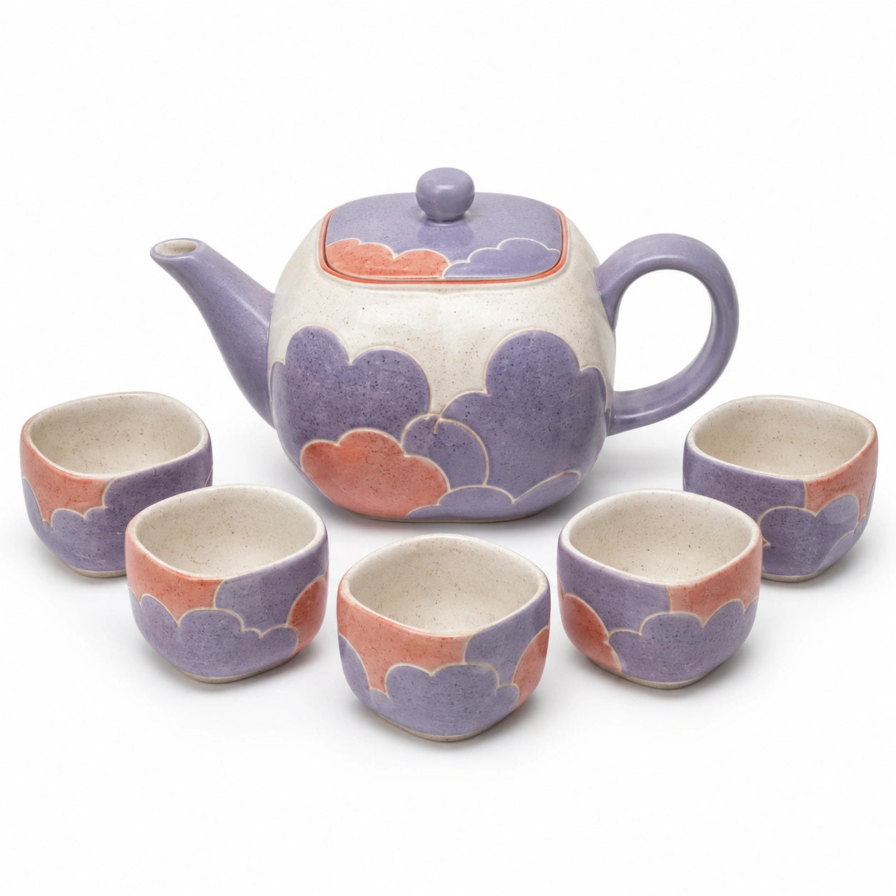 Keramik Teeservice Set mit Wolkenmotiv in Pastellblau und Rosa