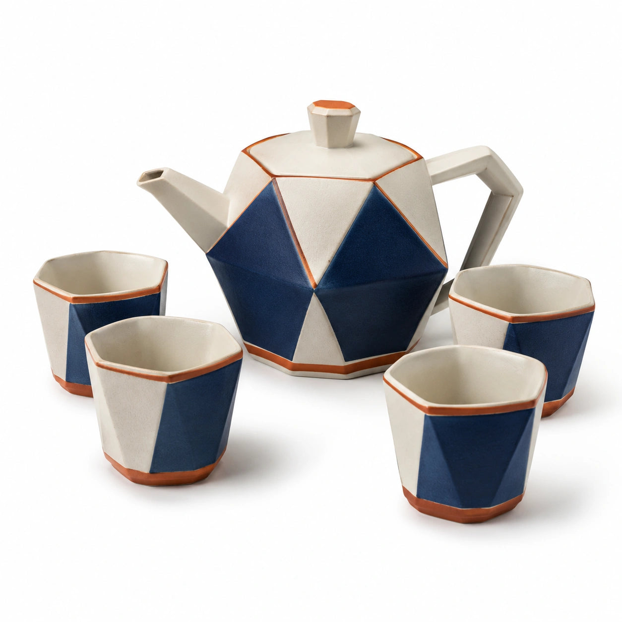 Geometrisches Teeset aus Keramik in Blau und Weiß, 5-teilig