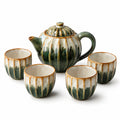 Keramik Teeservice Set mit Kanne und Tassen, Grün und Weiß