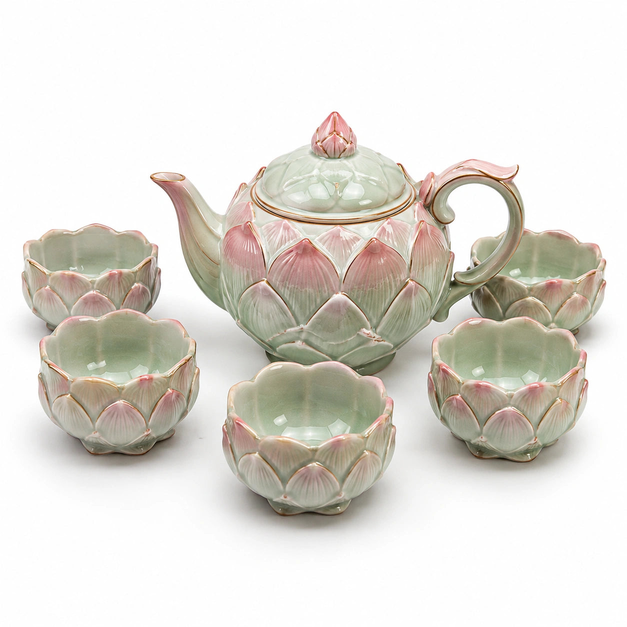 Handgefertigtes Lotusblüten-Teeservice mit 5 Tassen, Grün/Rosa