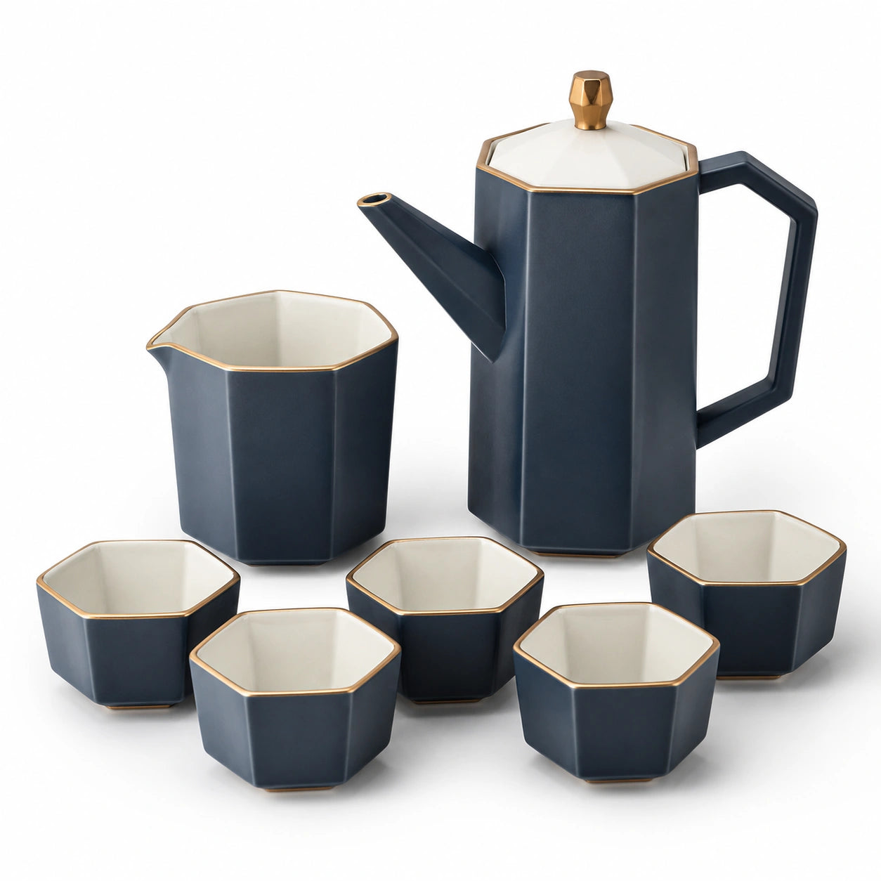 Teeservice aus Porzellan mit Sechseckigem Design Dunkelblau und Gold
