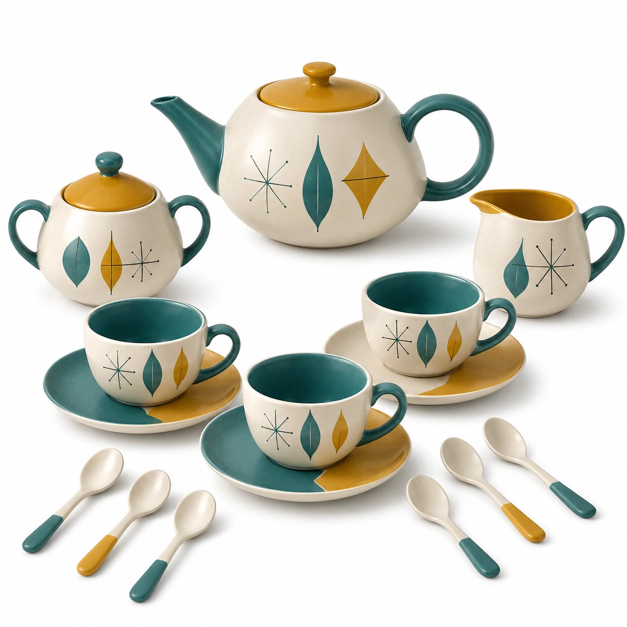 Retro Keramik Teeset 15-teilig Gold und Türkis