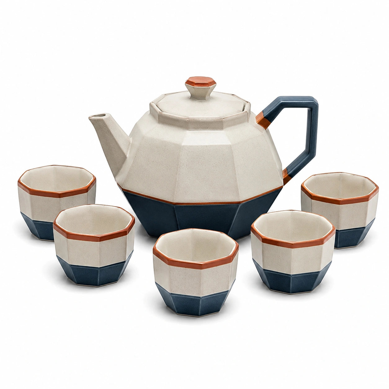 Geometrisches Teeservice für 5 Personen in Beige/Blau