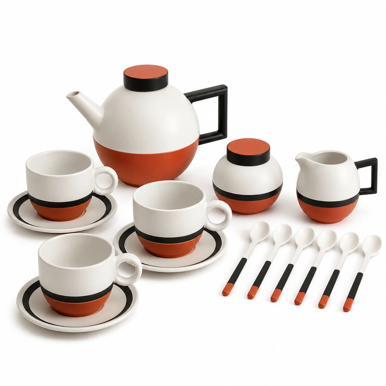 Modernes Teeservice für 3 Personen in Orange/Schwarz/Weiß