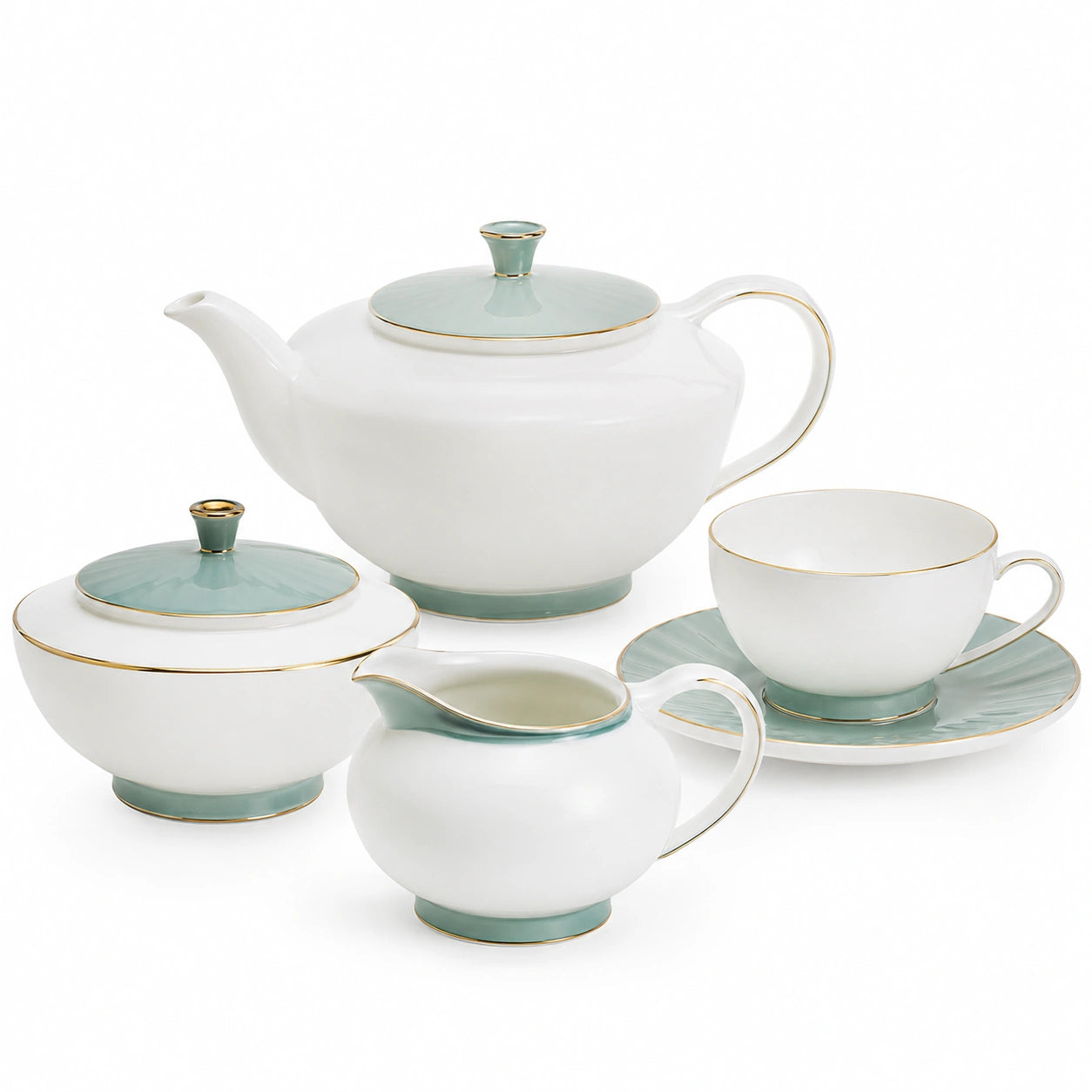 Elegantes Teeservice-Set aus Porzellan in Weiß und Grün mit Goldrand