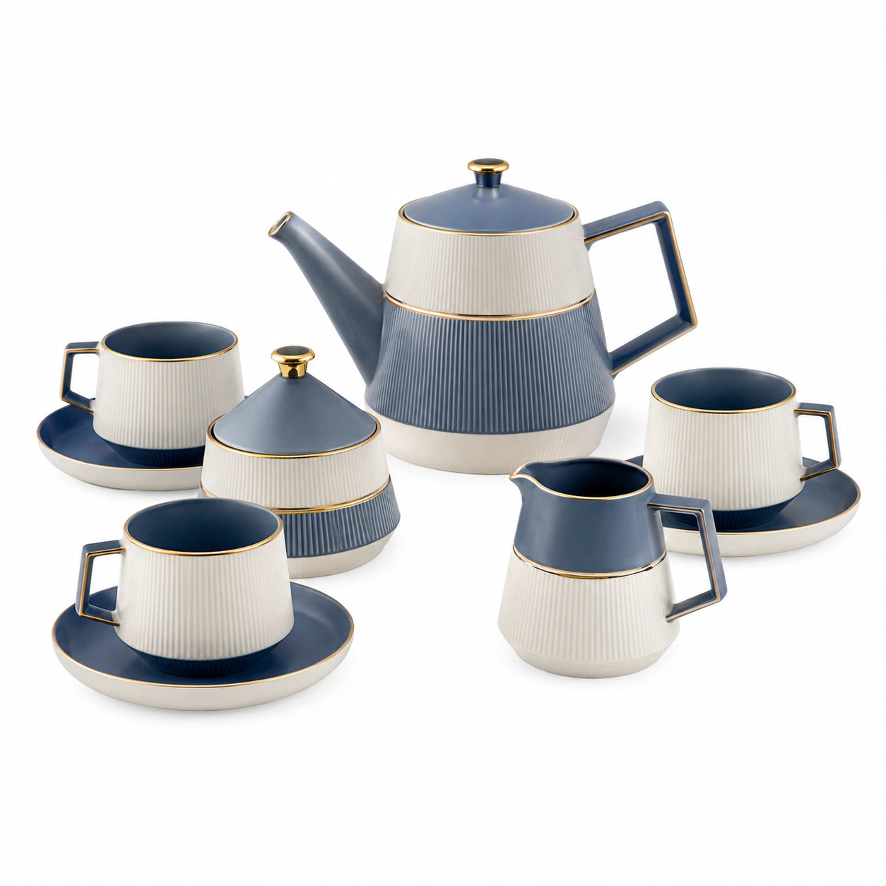 Teeservice Keramik 6-teilig Blau/Beige mit Goldakzenten