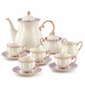 Porzellan Teeservice Set für 4 Personen mit Goldrand Cremefarben/Lila