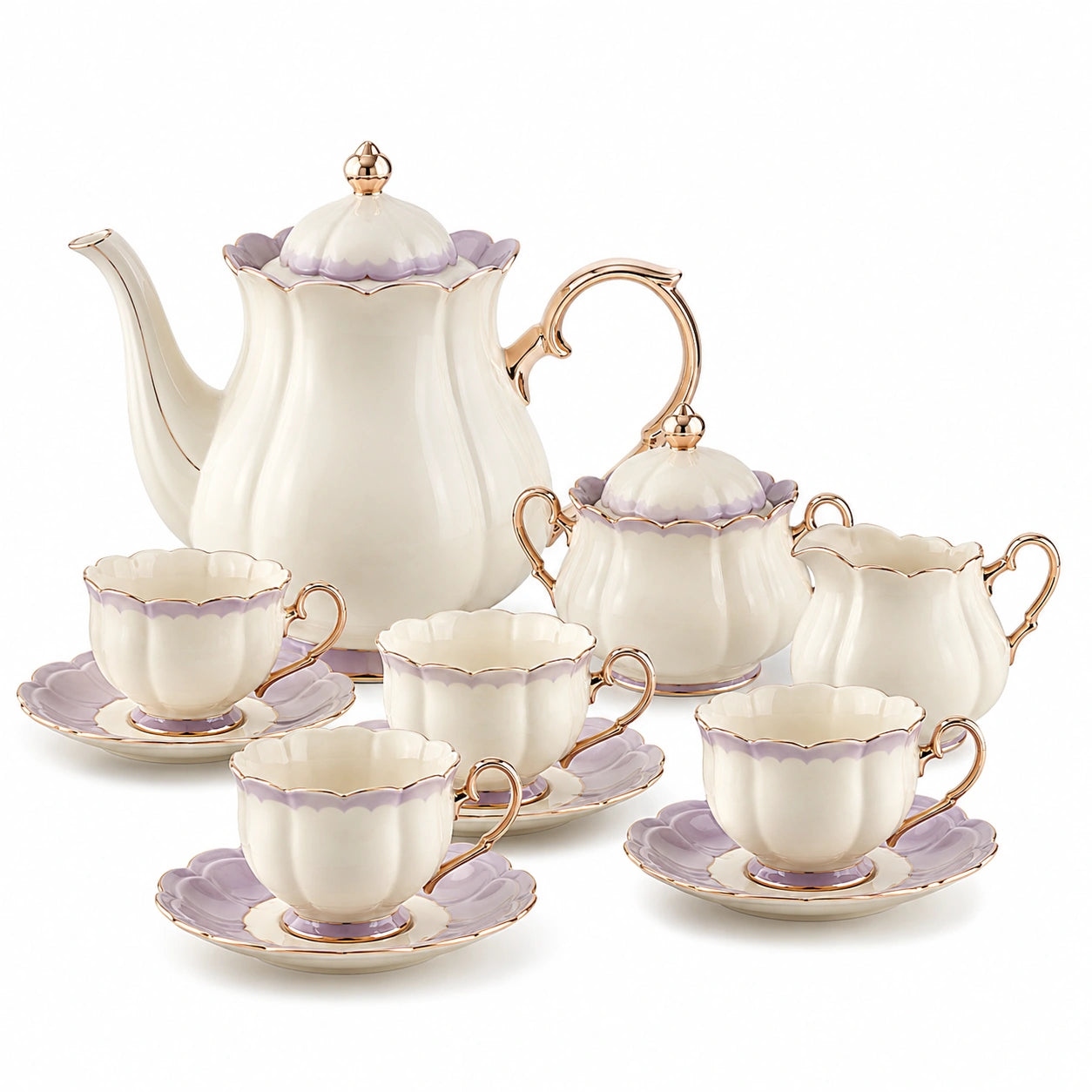 Porzellan Teeservice Set für 4 Personen mit Goldrand Cremefarben/Lila