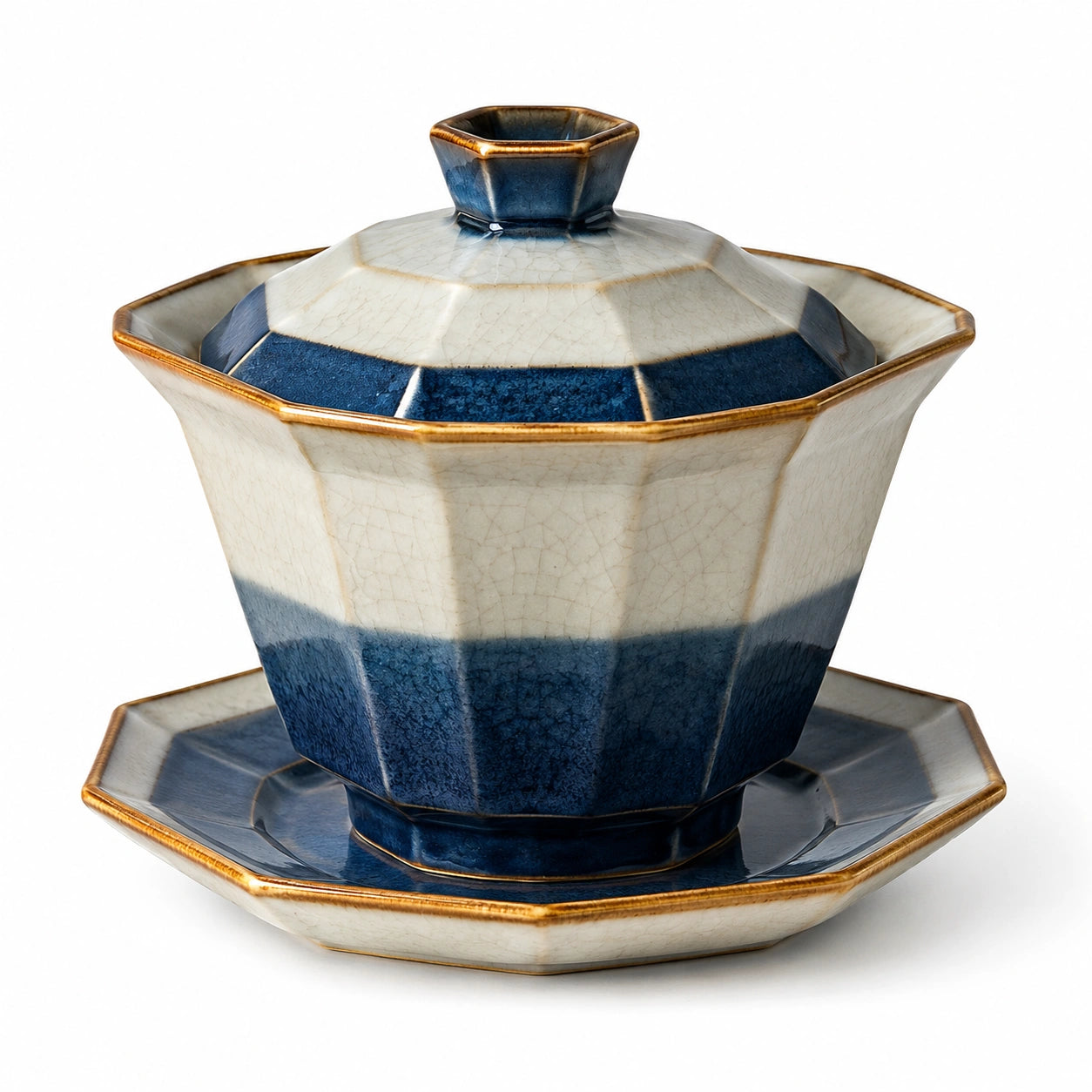 Oktagonale Keramik-Gaiwan mit Untertasse Blau/Weiß