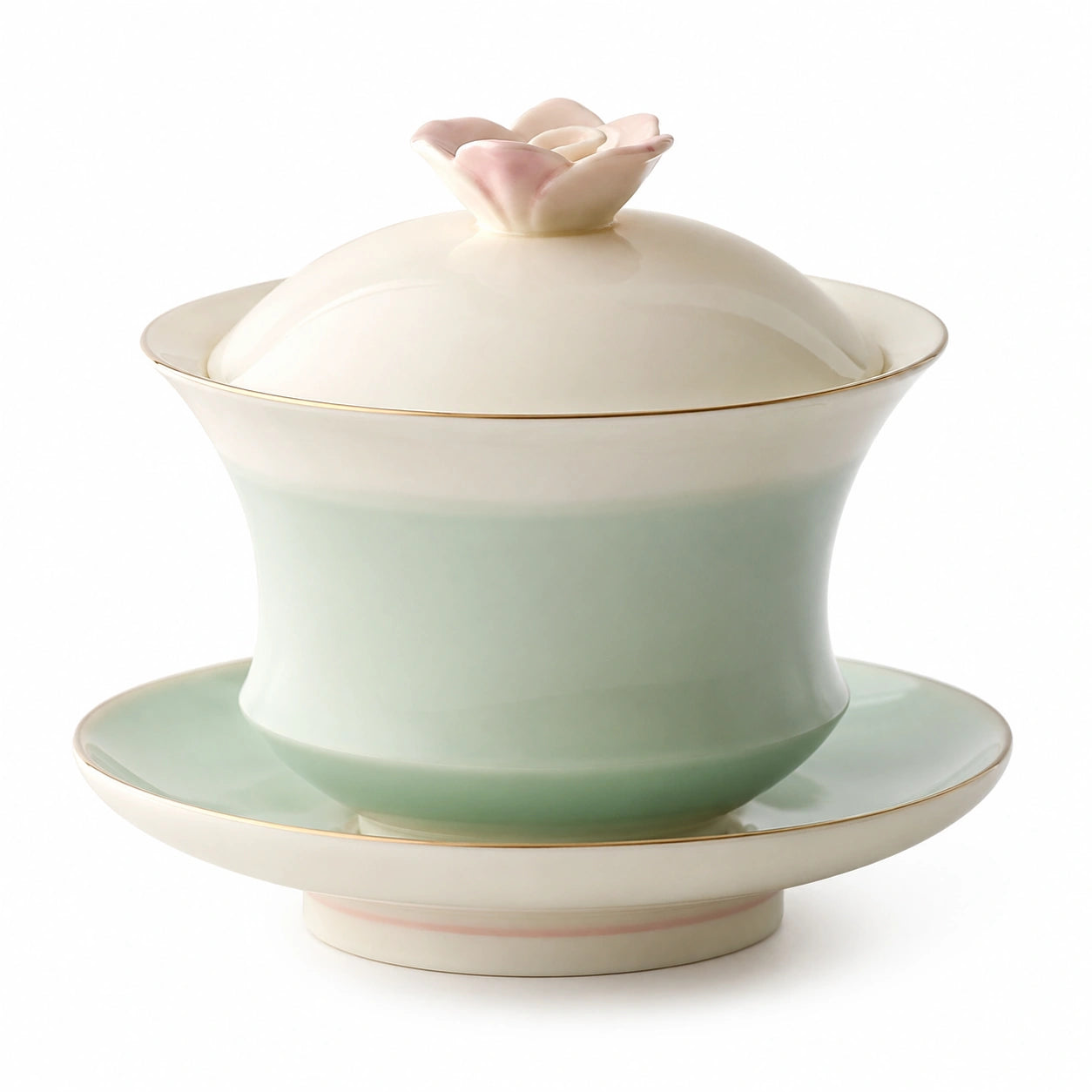 Teetasse mit Blüten-Deckel und Untertasse, grün