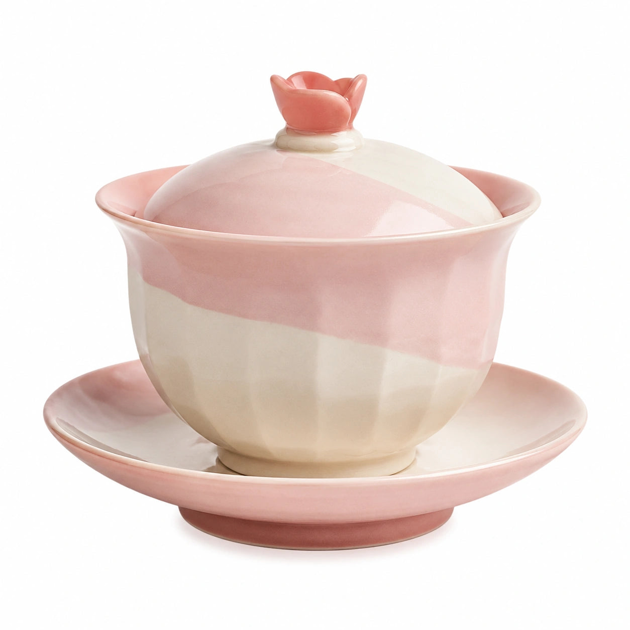 Lotusförmiges Teetassen-Set aus Keramik in Rosa und Weiß