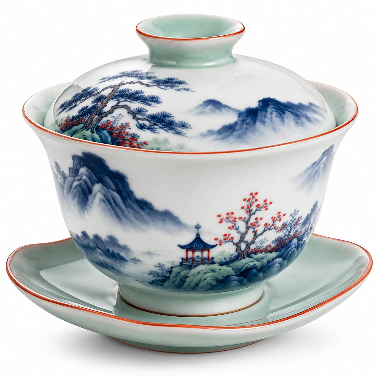 Handgemalter Porzellantee-Gaiwan mit Landschaftsmuster, Weiß/Blau/Rot/Grün, 150ml