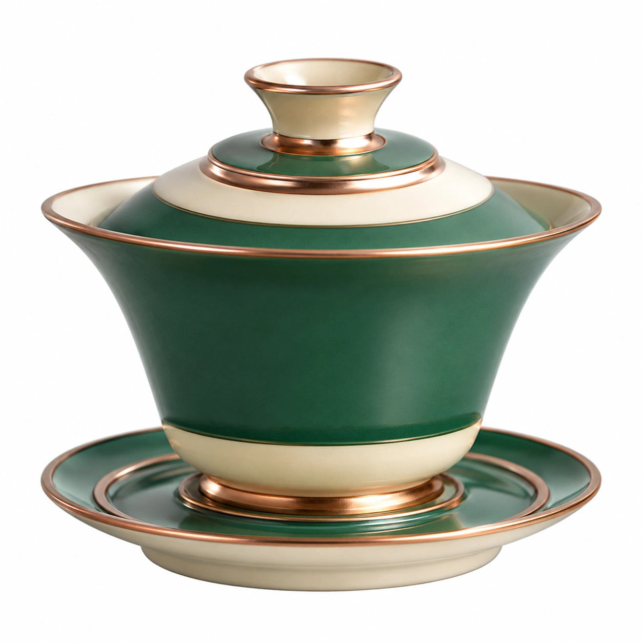 Keramik Teetasse mit Deckel und Untertasse in Grün/Gold