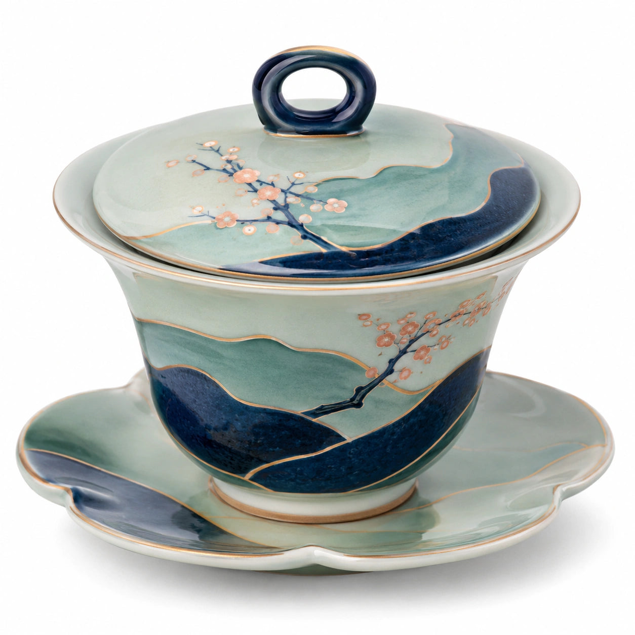 Keramik Gaiwan Set mit Kirschblüten-Design in Blau und Grün