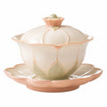Elegante Keramik-Teetasse mit Blumenmotiv und Untersetzer Beige/Grün
