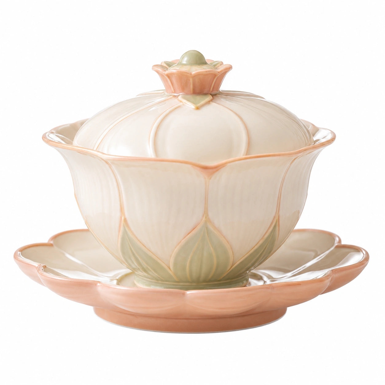 Elegante Keramik-Teetasse mit Blumenmotiv und Untersetzer Beige/Grün
