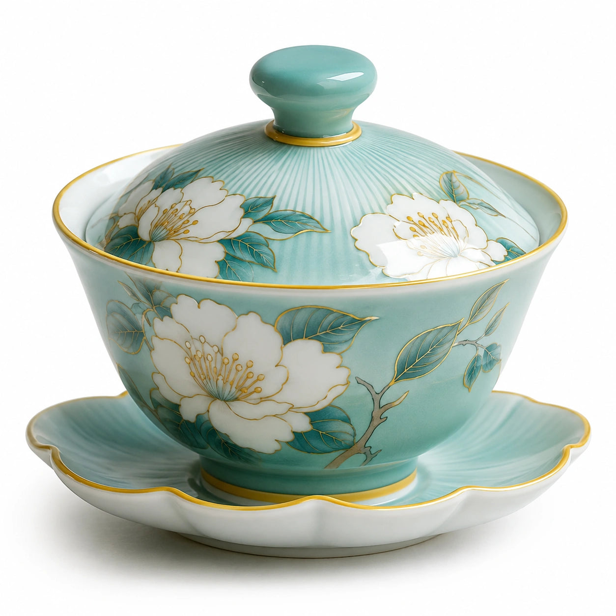 Porzellan Gaiwan Teeschale Set mit Blütenmuster Türkis