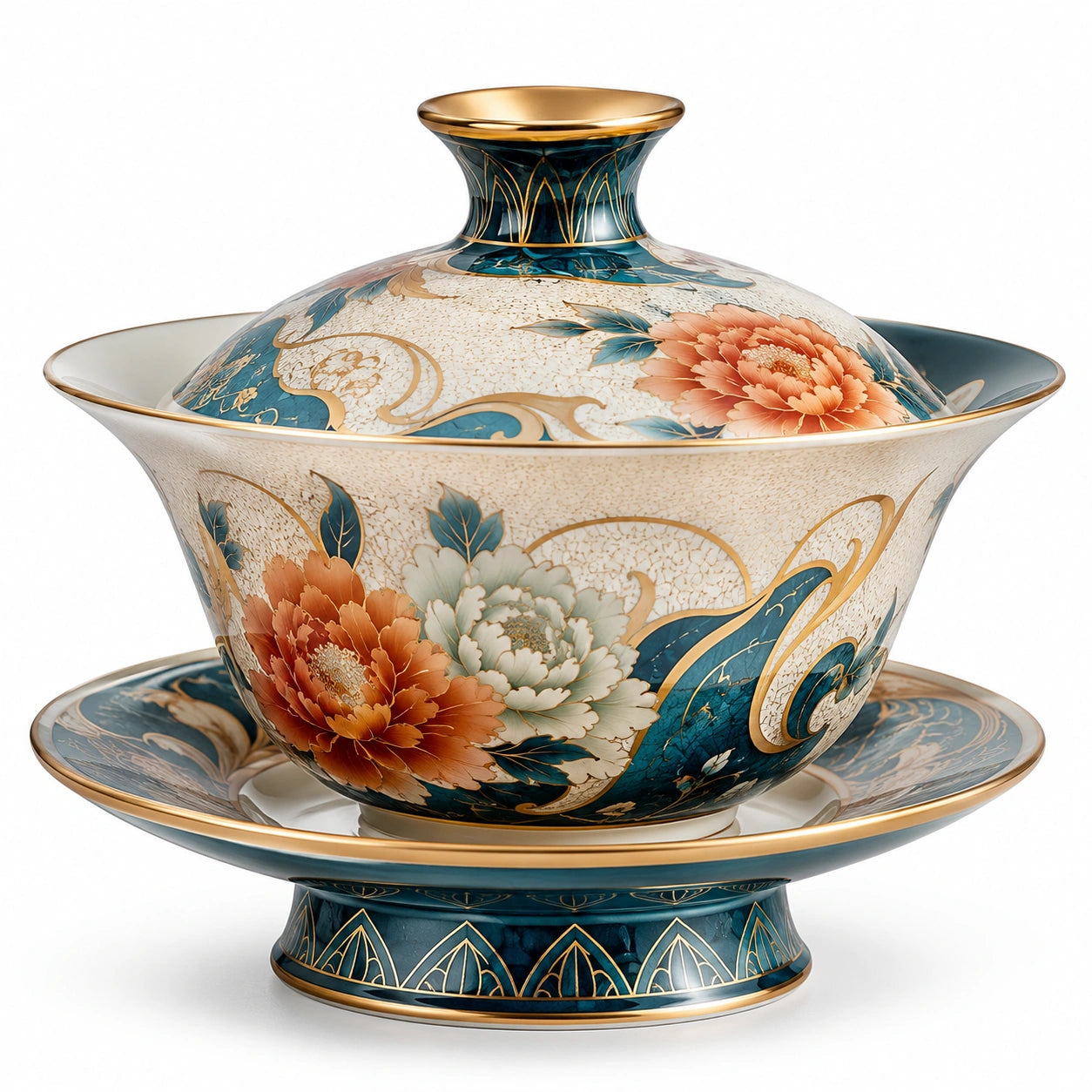 Porzellan-Teeservice mit Blumenmuster, Blau/Orange/Weiß/Gold