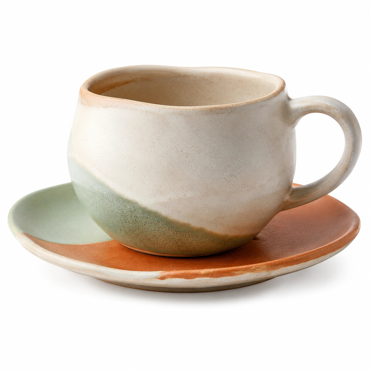 Keramiktasse mit Untertasse, Farbverlauf Creme/Grün/Orange, 250ml