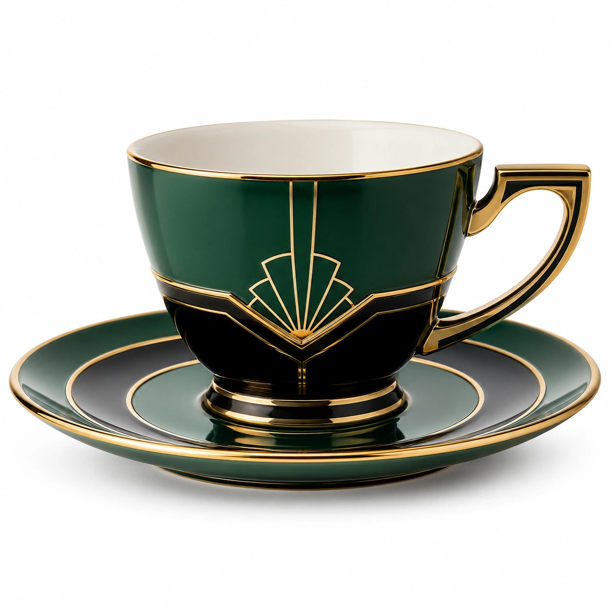Art Deco Teetasse und Untertasse Set 200ml Grün/Schwarz/Gold