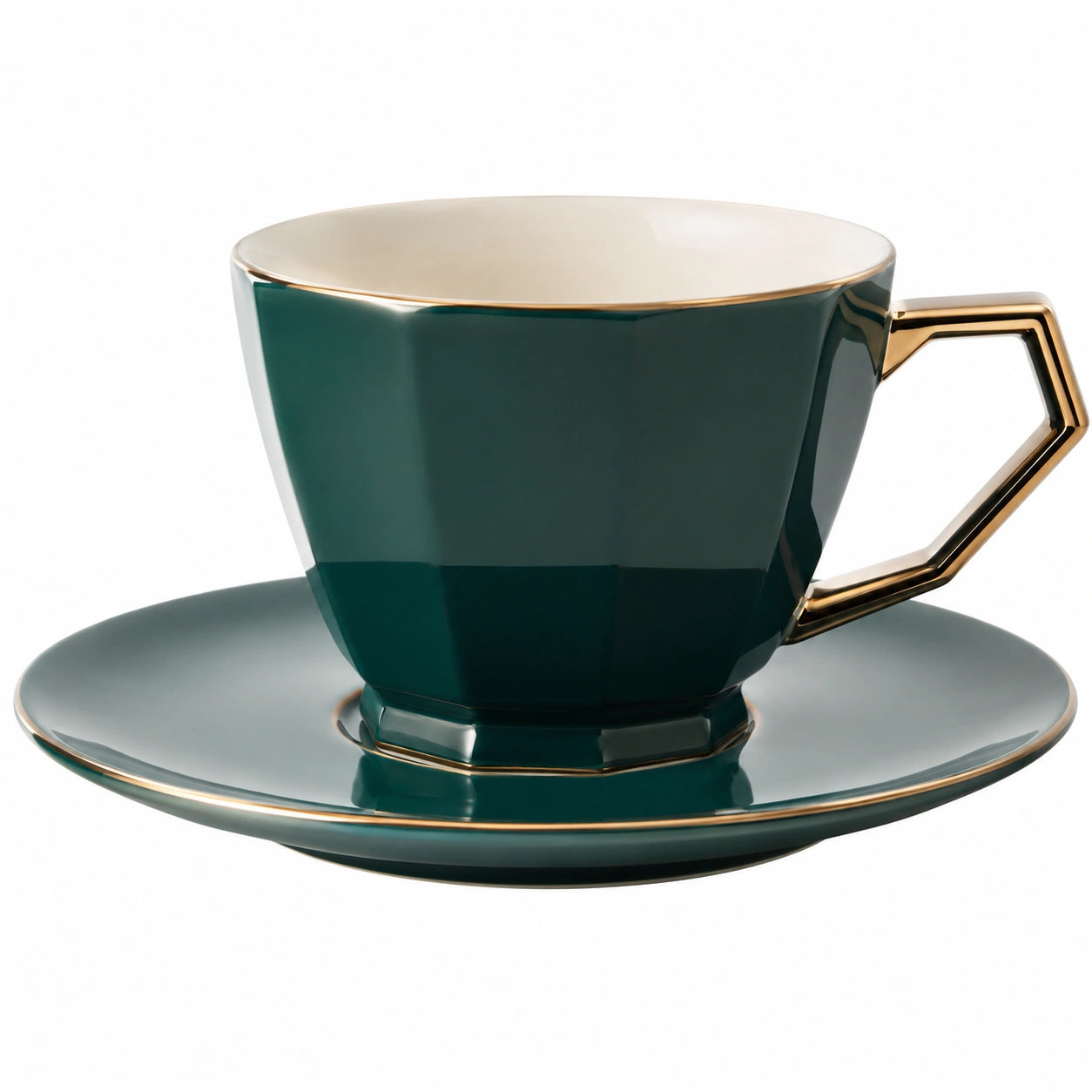 Elegante Keramiktasse mit Untertasse Dunkelgrün Goldrand