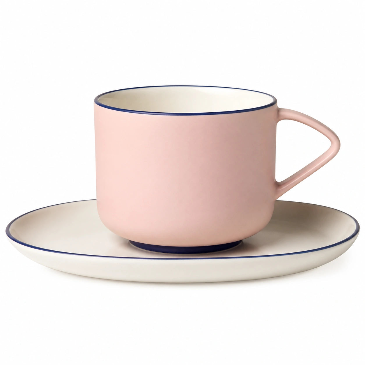 Rosa Keramiktasse mit Untertasse und blauer Kante - 250ml