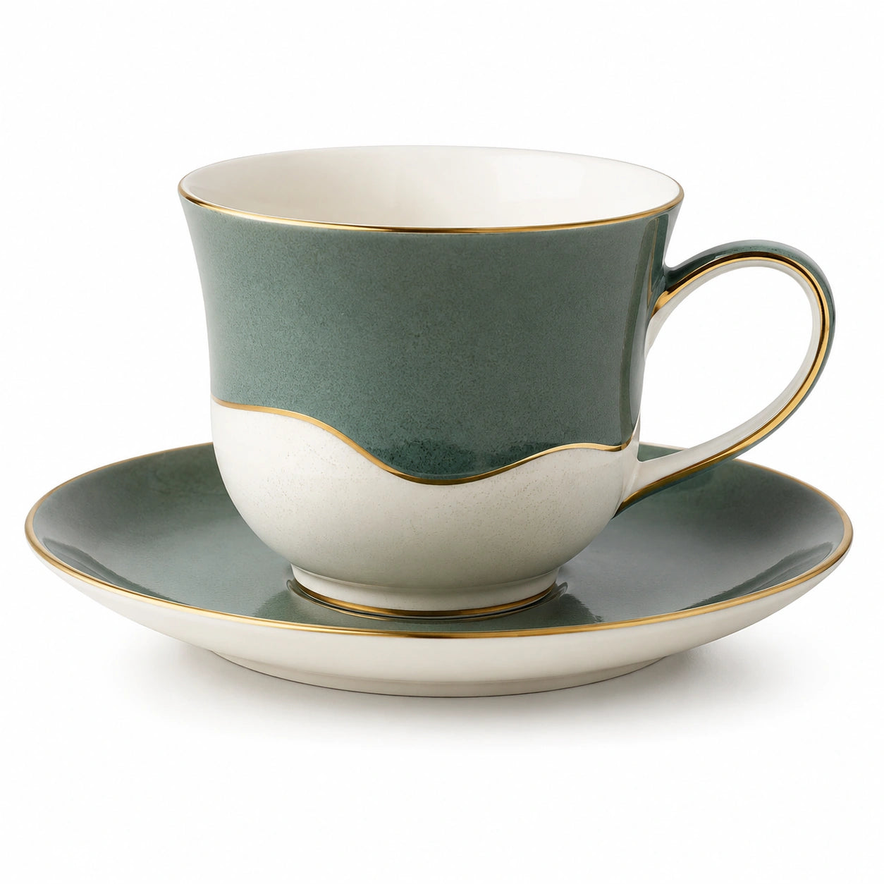 Elegante Teetasse mit Untertasse 200ml Grün/Weiß mit Goldrand