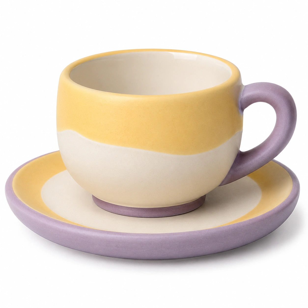 Handbemalte Keramiktasse mit Untertasse, Gelb und Violett, 250ml