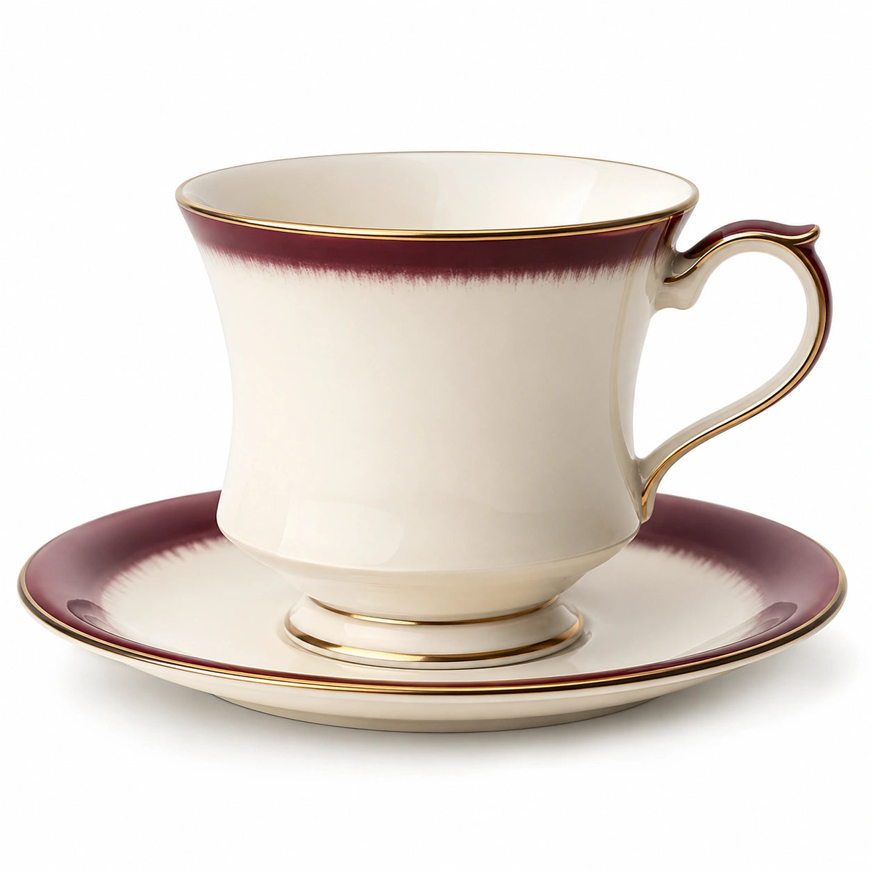 Elegante Porzellantasse mit Untertasse in Bordeaux und Gold