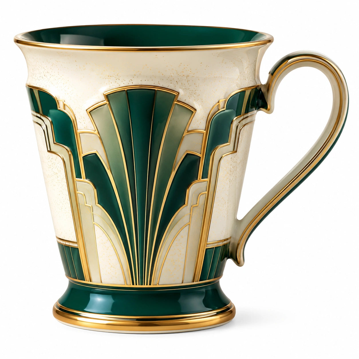 Elegante Art-Deco-Keramiktasse mit Goldrand, 300 ml, Grün/Weiß/Gold