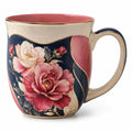 Keramiktasse mit Blumenmuster und Goldrand, Dunkelblau und Dunkelrosa, 350ml