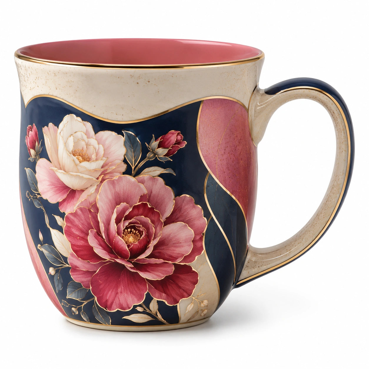Keramiktasse mit Blumenmuster und Goldrand, Dunkelblau und Dunkelrosa, 350ml
