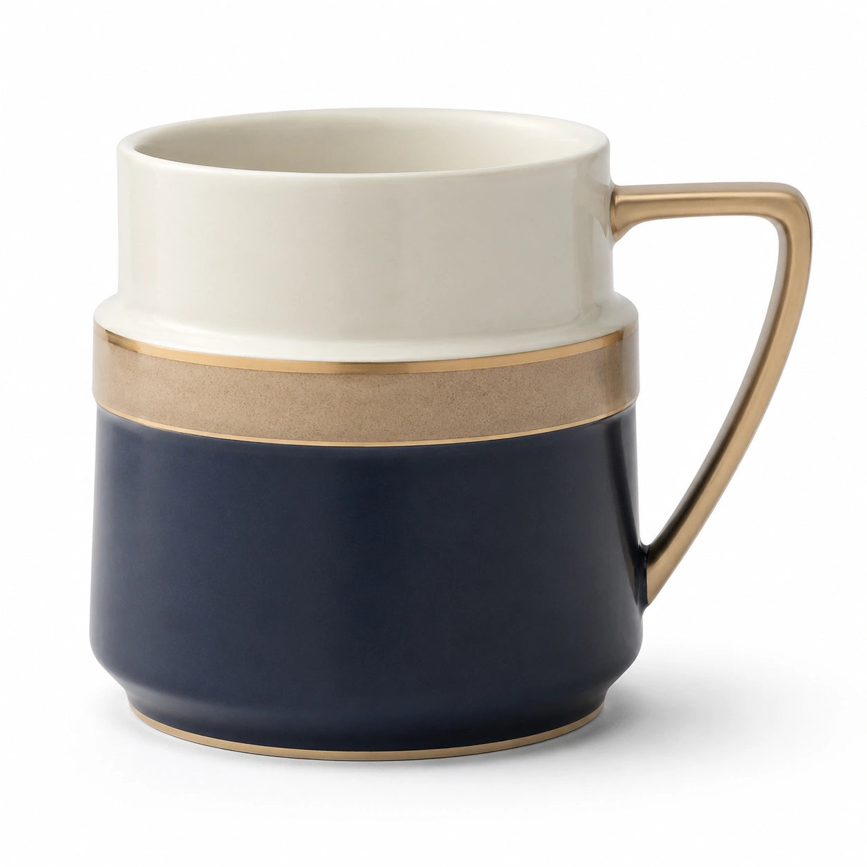 Elegante Keramik Kaffeetasse 250ml Creme/Blau mit Goldakzent